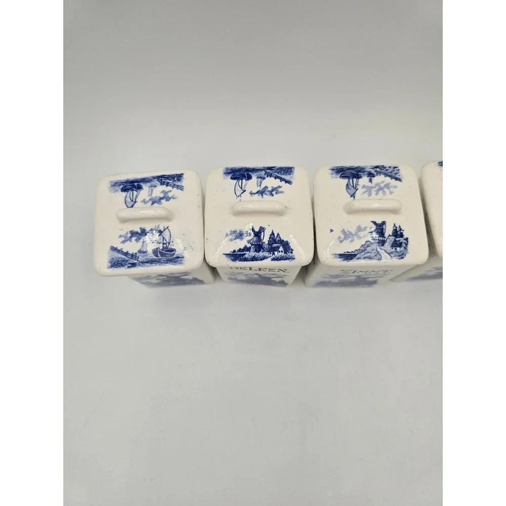 Vintage German Delft Blue Ceramic Spice Canister Set‎ Windmill Sailboat 5pc